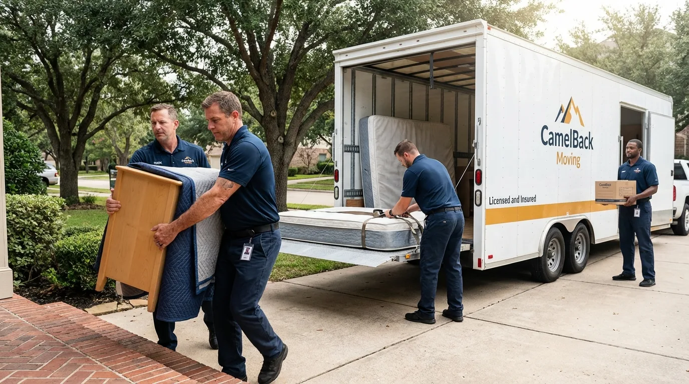 Crew loading residential truck for cross-state move from Cascade, IA