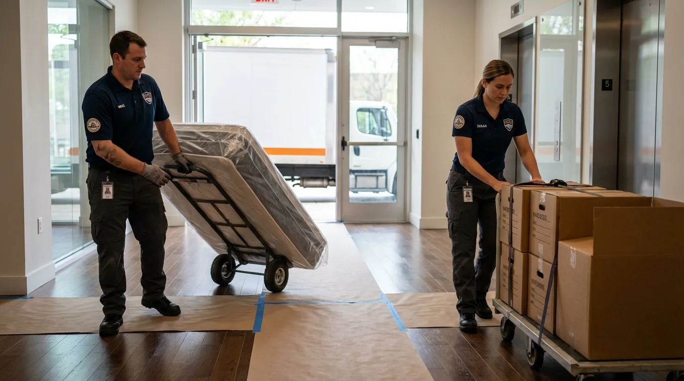 Professional apartment movers loading elevator in Cascade, IA
