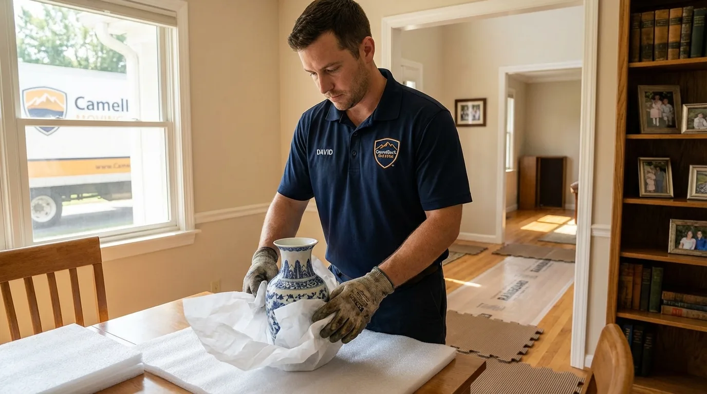 Professional crew carefully wrapping antique vase for senior downsizing move in Cascade, IA
