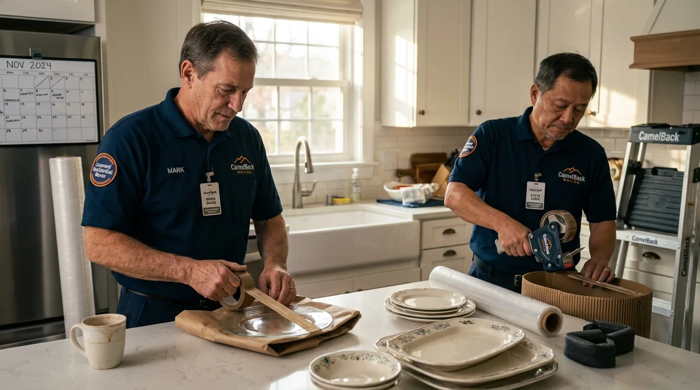Professional crew packing kitchen dishware in Cascade, IA